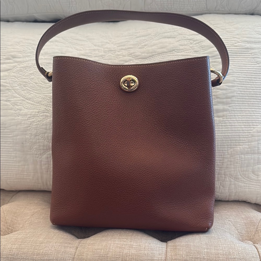 Coach Brown Bucket Shoulder Bag with Leather Material and Thin Strap